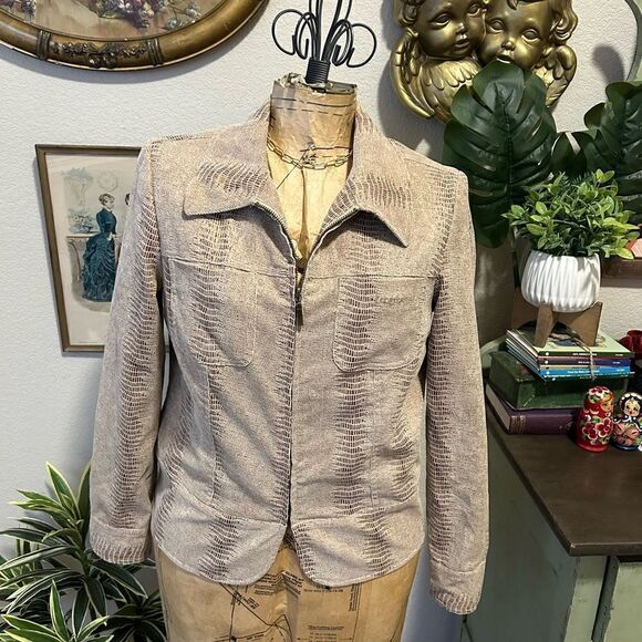 LONGABERGER Homestead Tan Metallic Snakeskin Zip Up Blazer Jacket Sz S - Picture 2 of 12